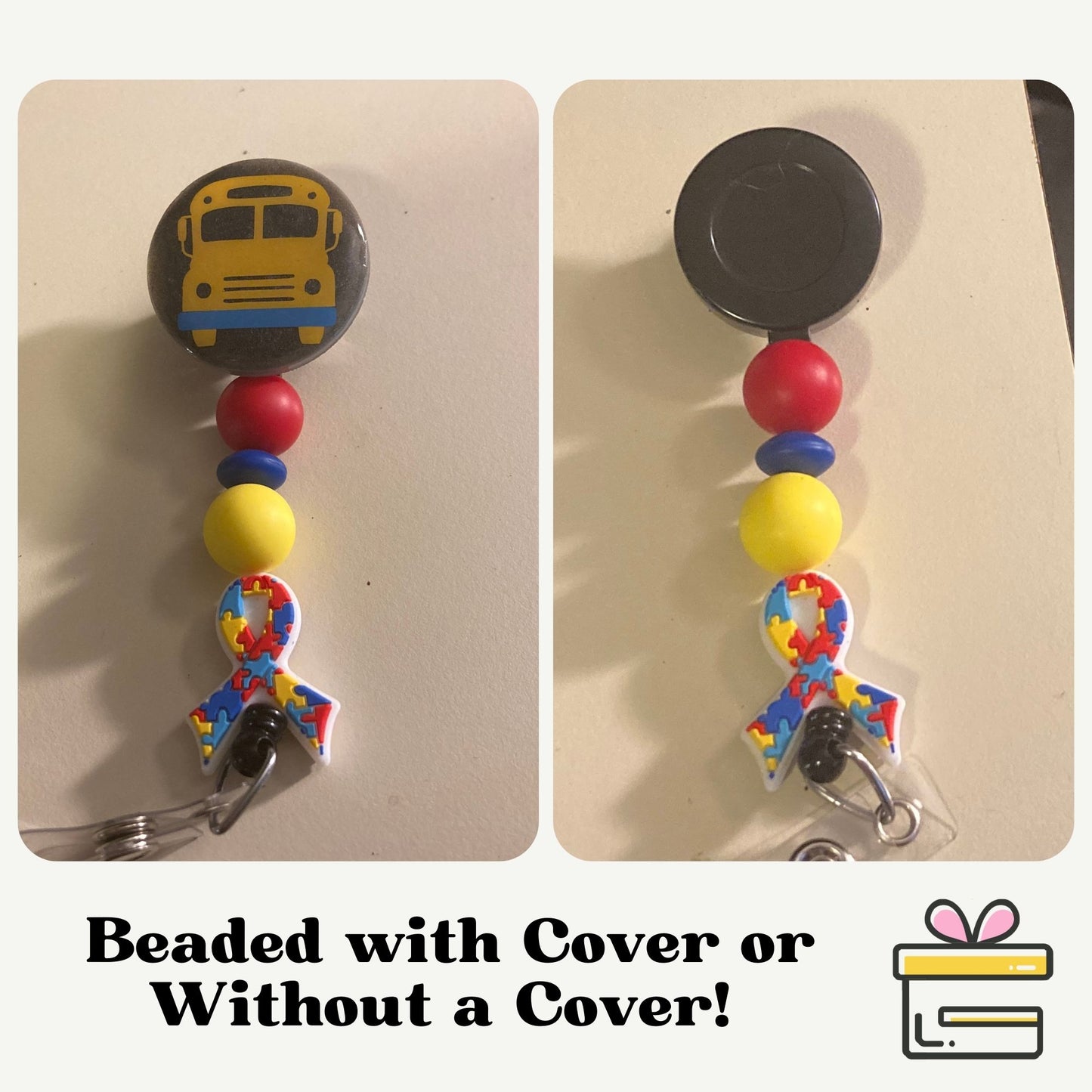 School Bus Cover On Autism Ribbon Beaded Badge Reel