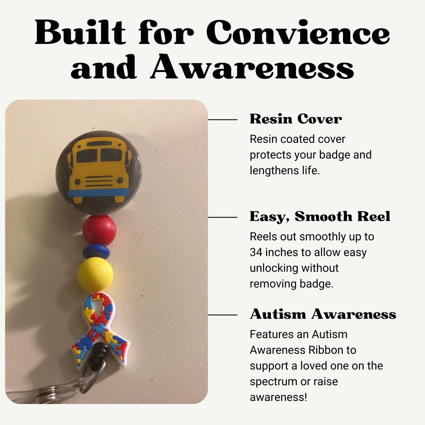 School Bus Cover On Autism Ribbon Beaded Badge Reel